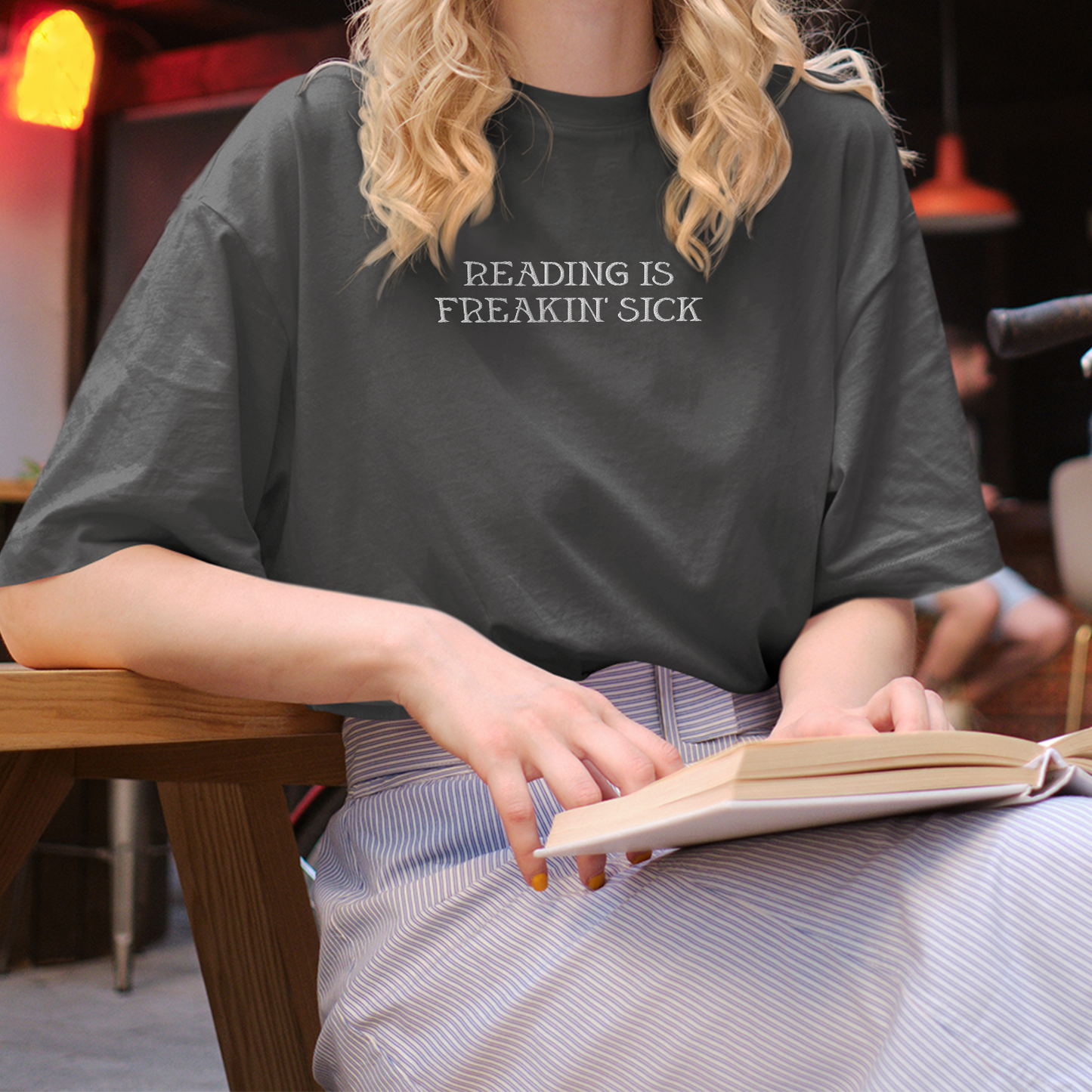 READING IS FREAKIN’ SICK EMBROIDERED OVERSIZED FADED T-SHIRT