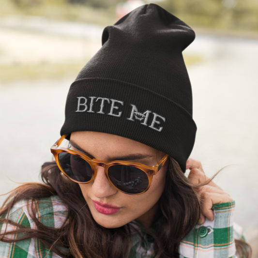 BITE ME EMBROIDERED CUFFED BEANIE